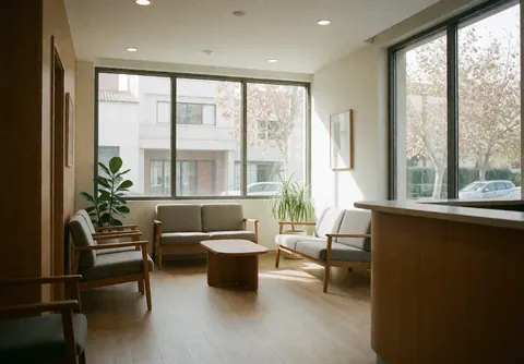 Bright and calm psychology clinic reception featuring wooden furniture, sofas, and large windows with plants.