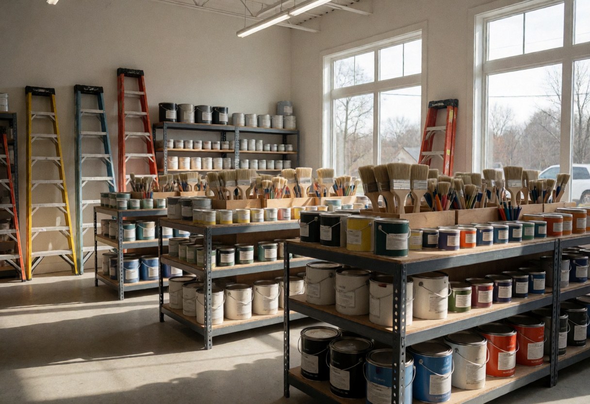 Interior of a paint store with shelves full of cans, brushes, and ladders illuminated by natural light from large windows