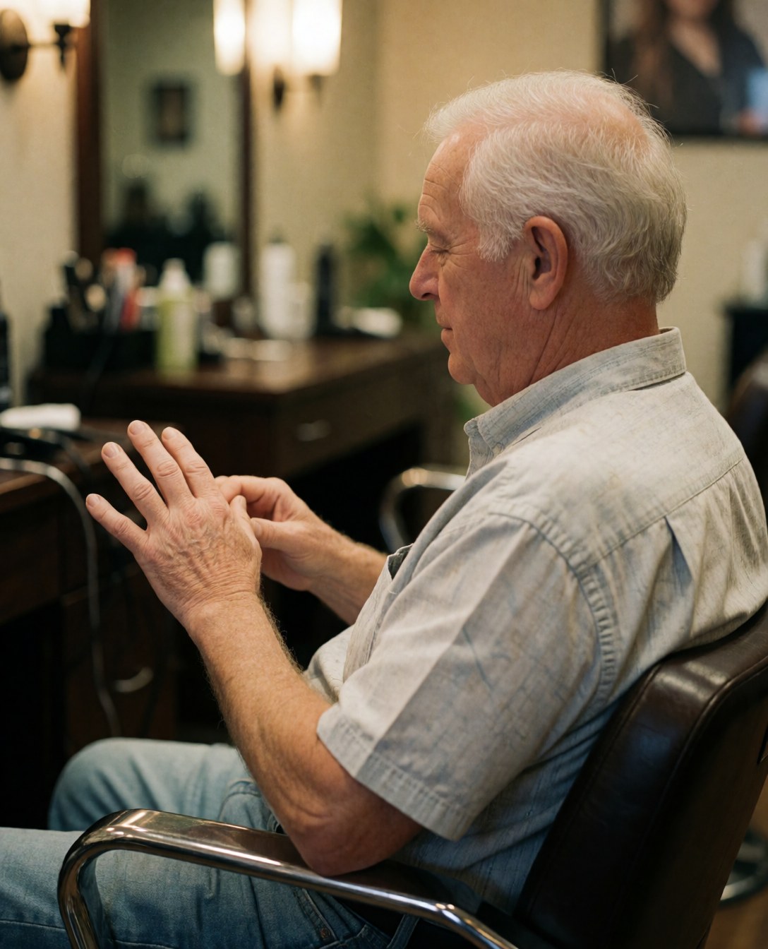 A satisfied older man sitting in a salon chair looking at his newly manicured hands with warm lighting and a blurred background