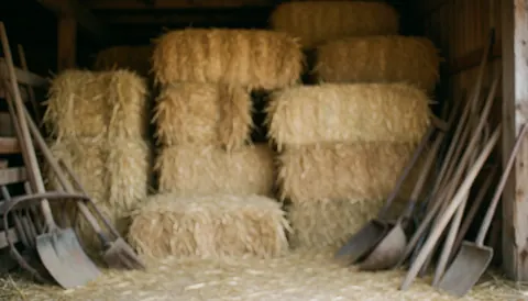 Stack of hay bales and gardening tools in a barn with natural light and visible textures, ideal for agricultural content