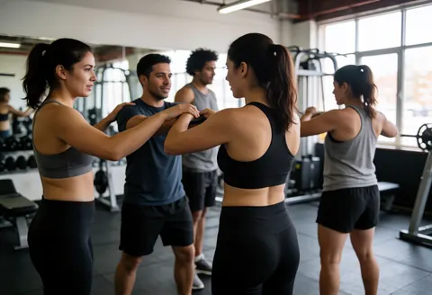 Professional trainer assists a client with stretching in a gym while other members work out in the background