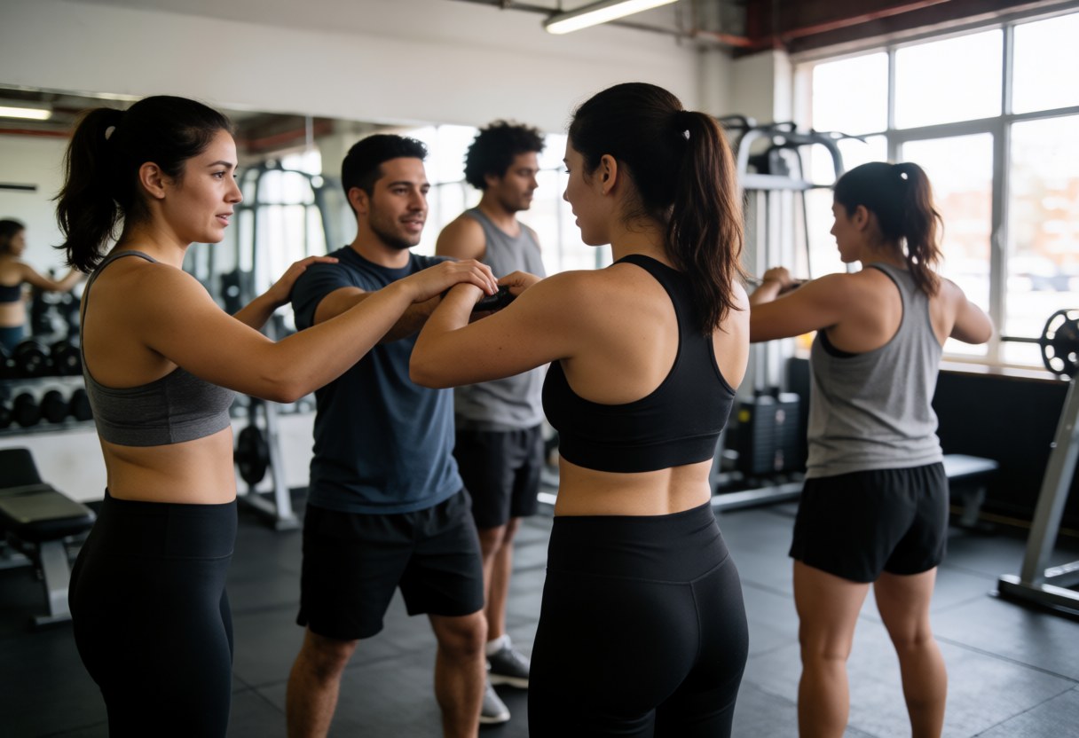 Professional trainer assists a client with stretching in a gym while other members work out in the background