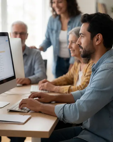 A smiling man works on a computer in a professional office while other happy adults stand nearby in a welcoming environment