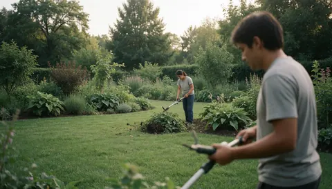 Two professionals maintain a lush garden, one trimming bushes and another using a lawnmower to keep the landscape neat.