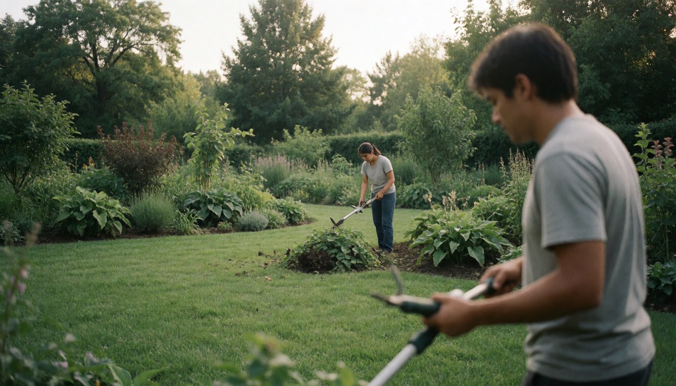 Two professionals maintain a lush garden, one trimming bushes and another using a lawnmower to keep the landscape neat.