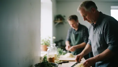 Two male chefs preparing ingredients in a kitchen with a white wall on the left, suitable for a coffee and cacao website hero section