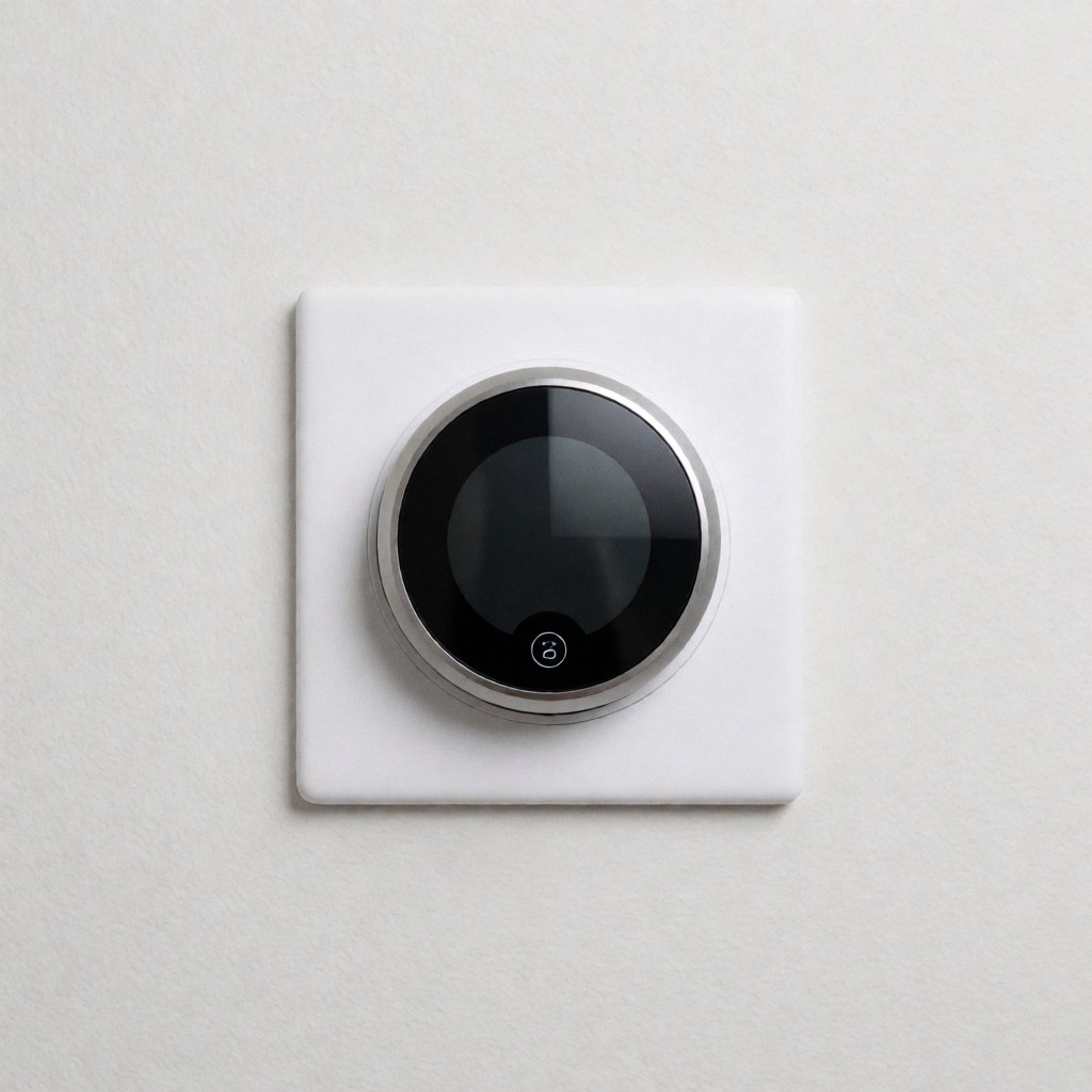 Modern digital smart thermostat mounted on a white wall with a minimalist design suitable for contemporary homes and offices