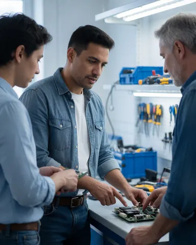 Three technicians examine a circuit board in a repair workshop with tools and equipment visible in the background.