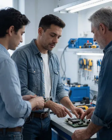 Three technicians examine a circuit board in a repair workshop with tools and equipment visible in the background.