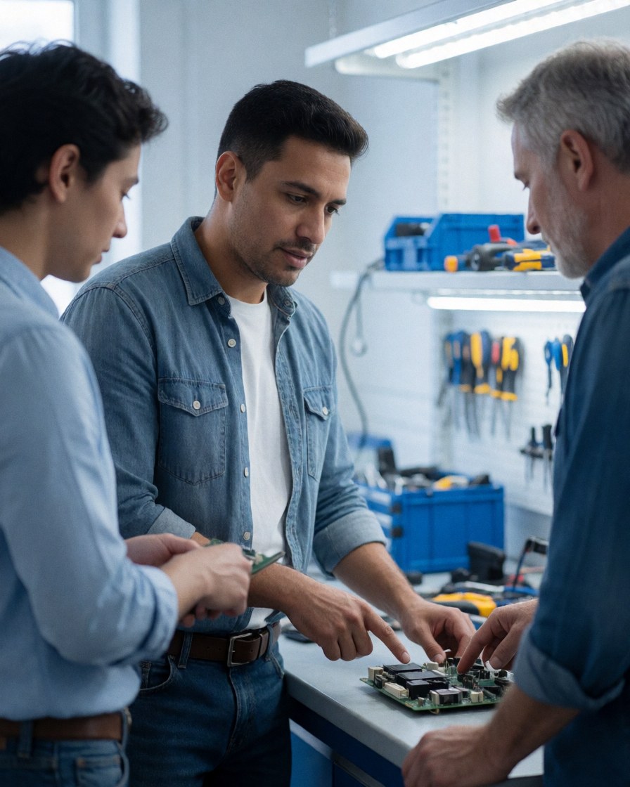 Three technicians examine a circuit board in a repair workshop with tools and equipment visible in the background.