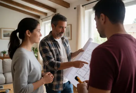 A carpenter explains construction blueprints to a client in a room with wooden beams and natural light while tools are visible nearby