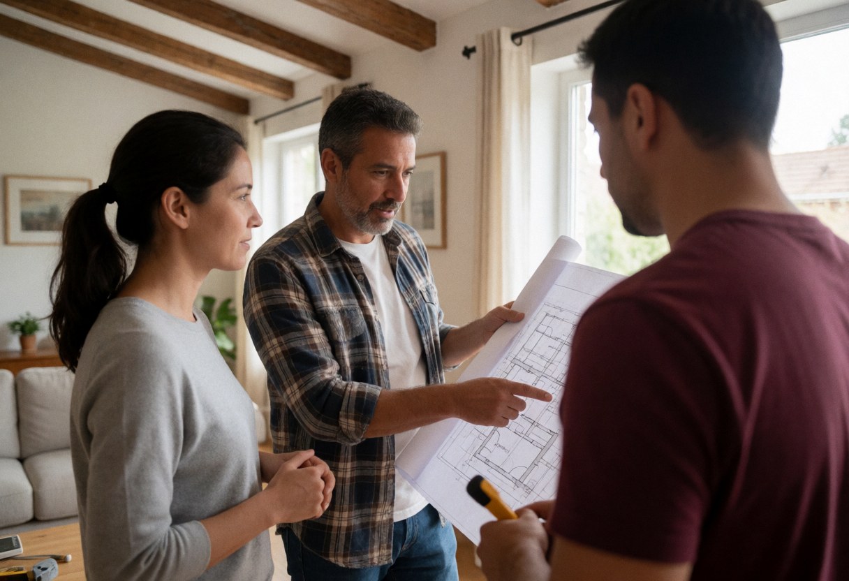 A carpenter explains construction blueprints to a client in a room with wooden beams and natural light while tools are visible nearby