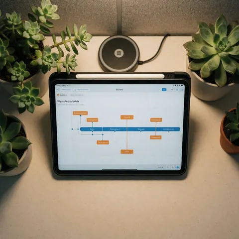 Organized coworking desk with a tablet displaying a project, surrounded by succulents and a wireless charger under warm lighting