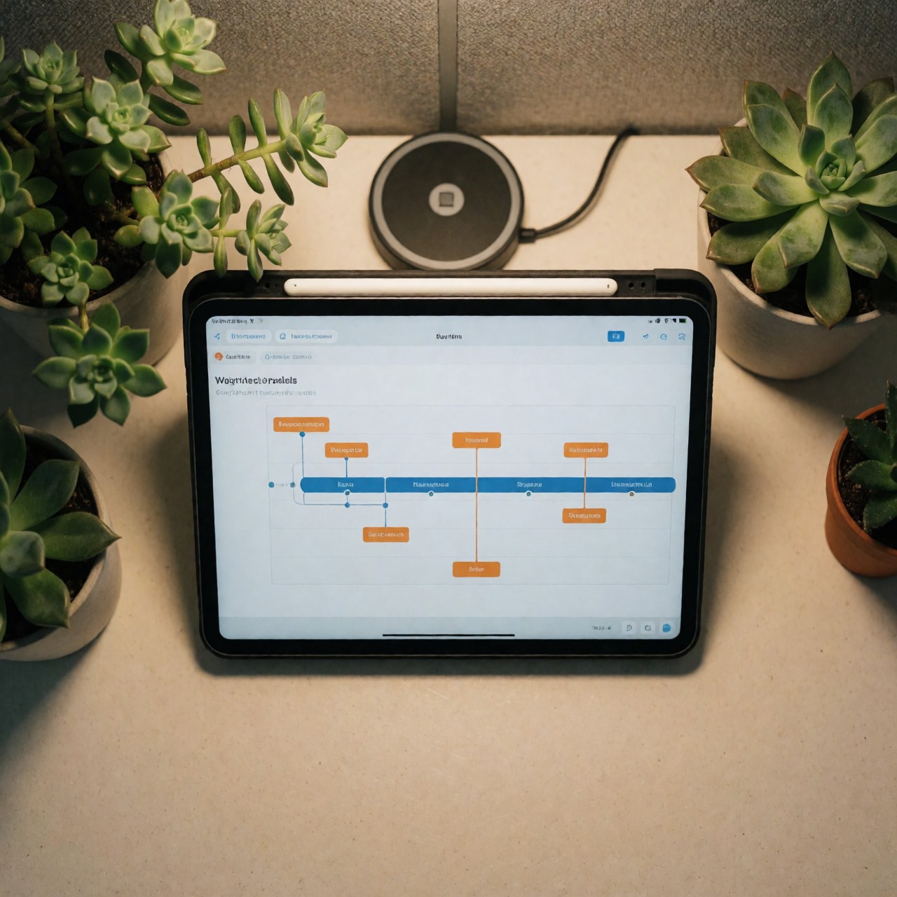 Organized coworking desk with a tablet displaying a project, surrounded by succulents and a wireless charger under warm lighting