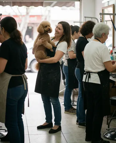 Smiling woman holds a freshly groomed poodle in a dog grooming salon with staff working in the background