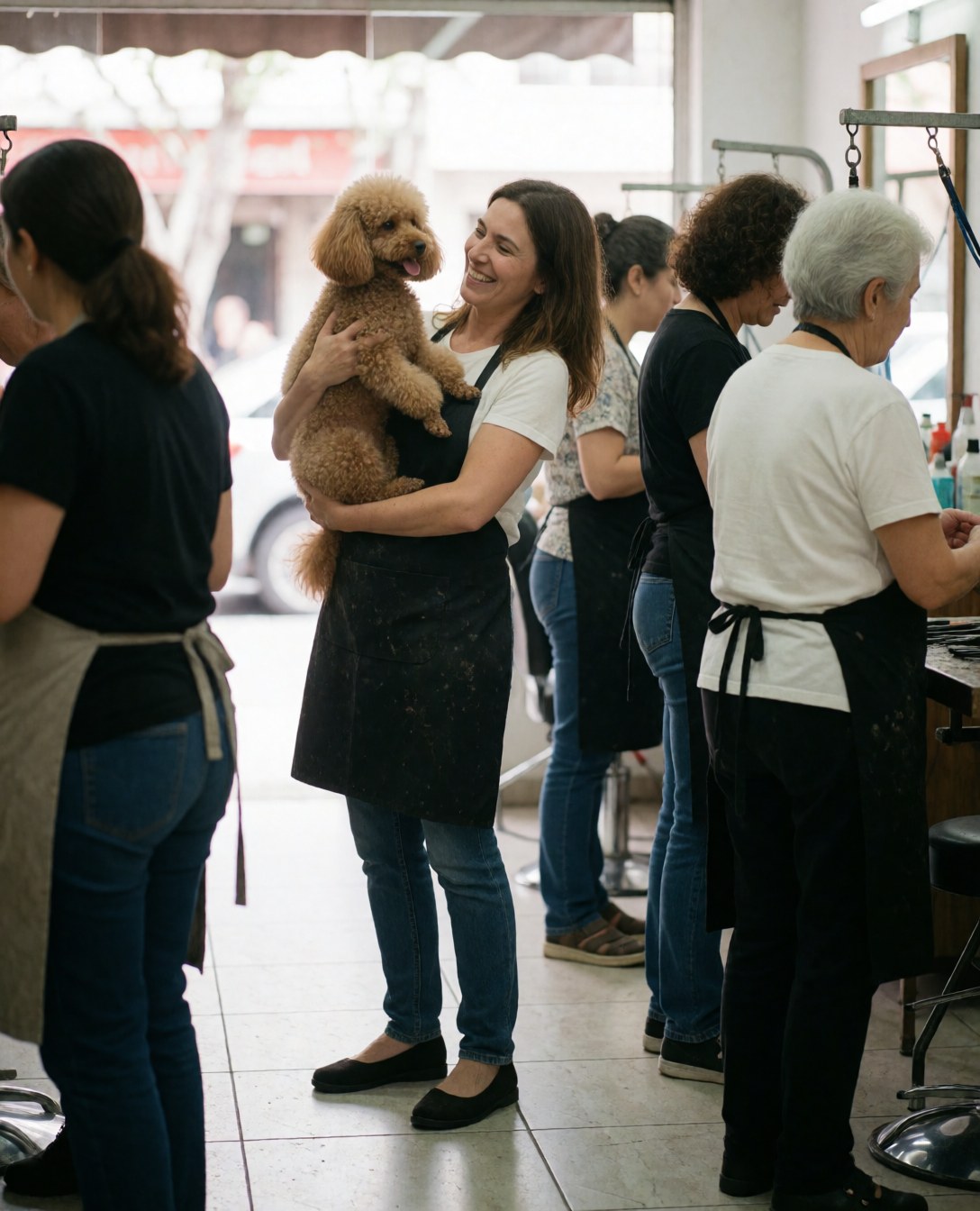 Smiling woman holds a freshly groomed poodle in a dog grooming salon with staff working in the background
