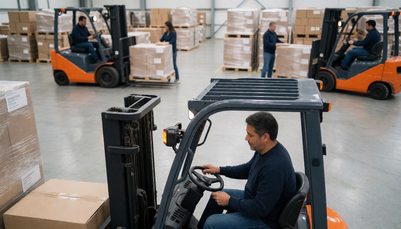 Warehouse staff moving pallets with forklifts in a clean, modern industrial setting with professional lighting