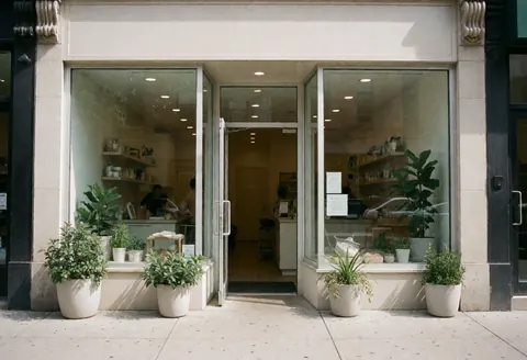 Clean and welcoming nutrition shop exterior featuring a glass entrance, potted plants, and a visible interior space.