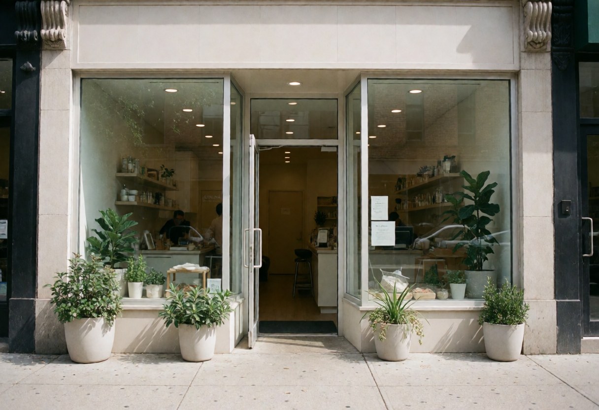 Clean and welcoming nutrition shop exterior featuring a glass entrance, potted plants, and a visible interior space.