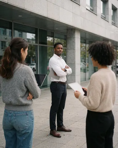 A professional man holding a tablet stands in front of a modern office building with two women walking away in the background.
