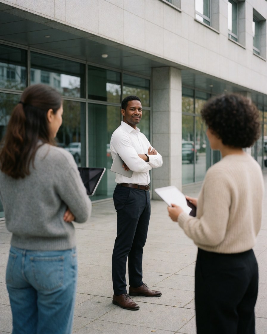 A professional black man holding a tablet stands in front of a modern office building with two women walking away in the background.