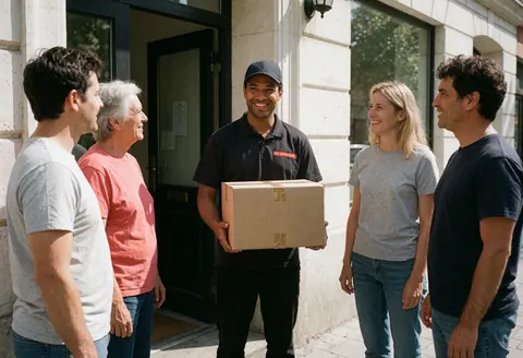 Smiling delivery person hands a package to a client outside a building on a sunny day