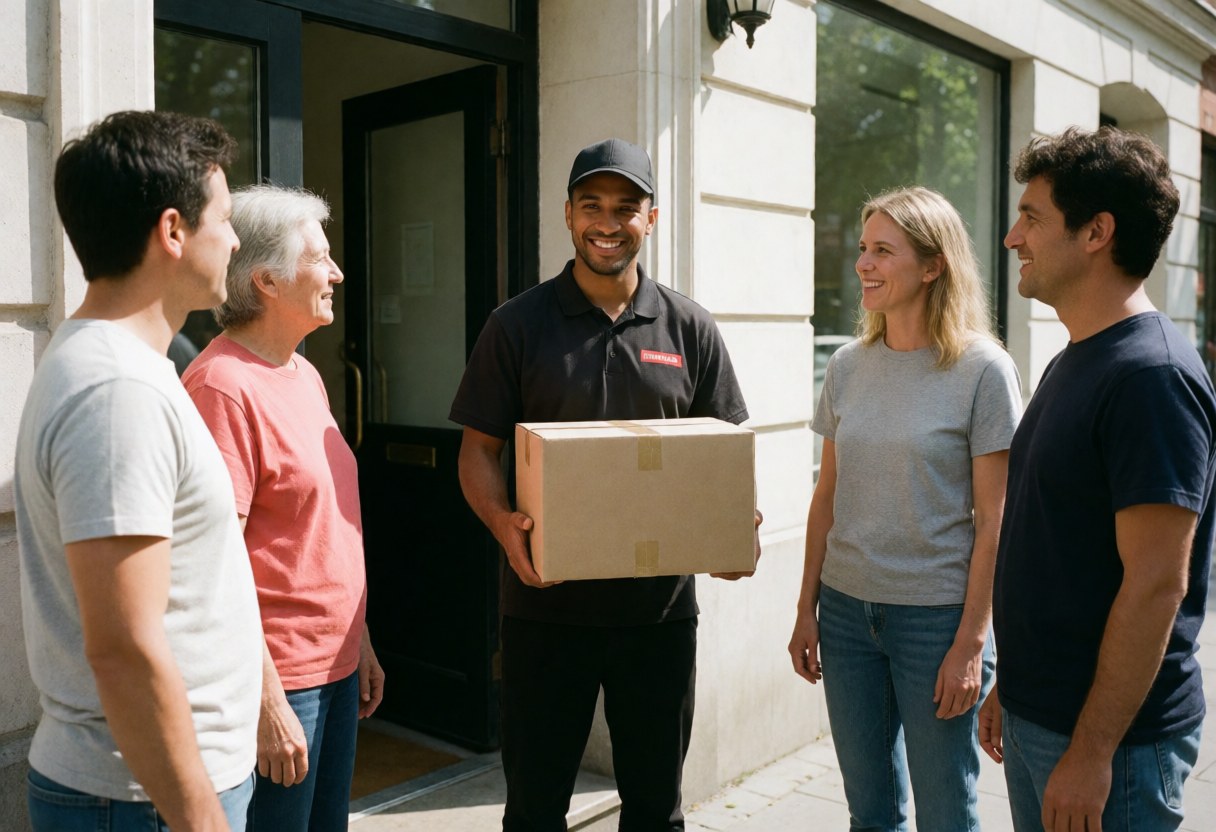 Smiling delivery person hands a package to a client outside a building on a sunny day