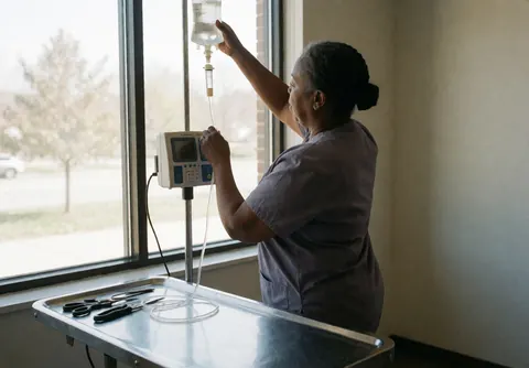 Veterinary technician adjusting an intravenous drip on an operating table in a clinic