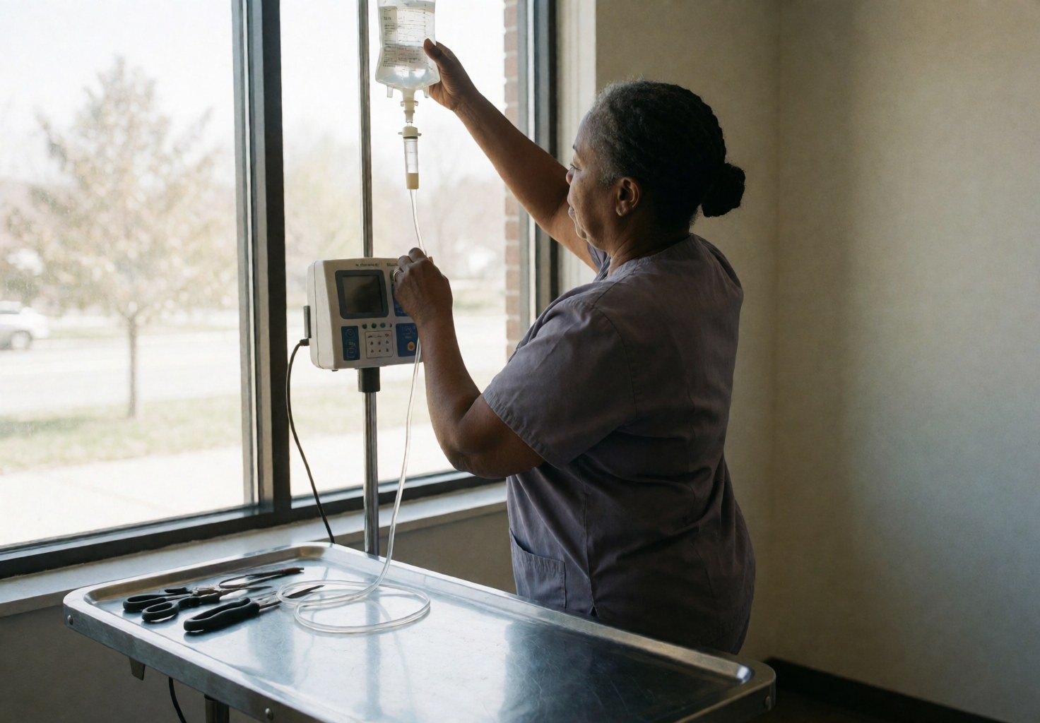 Veterinary technician adjusting an intravenous drip on an operating table in a clinic