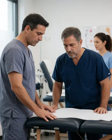 Two physical therapists inspect a treatment table in a clinic with medical equipment in the background
