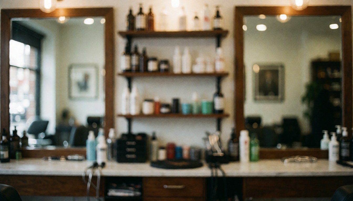 Soft focus barbershop interior featuring mirrors, product shelves, and a counter, suitable for text overlays and promotional designs