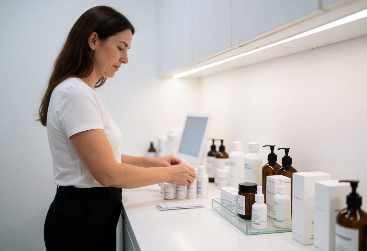 A woman arranges skincare products on a clean, modern table in a bright beauty salon setting.