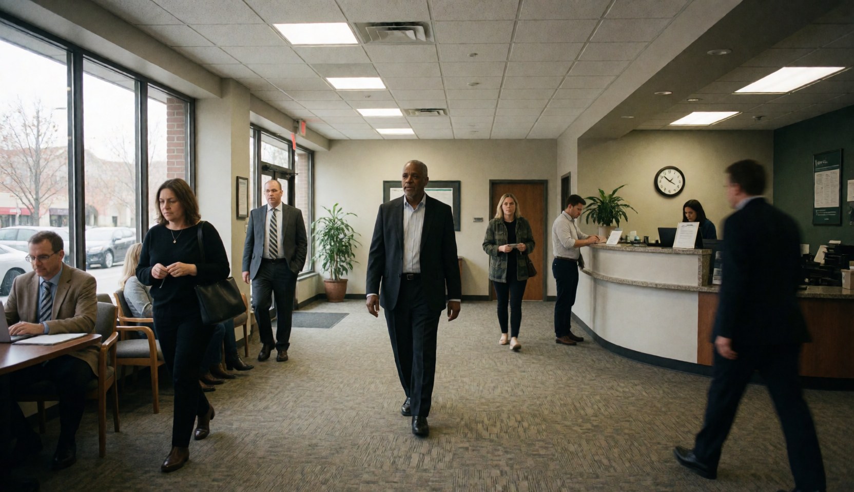 A man walks through a professional office lobby with reception and windows in the background