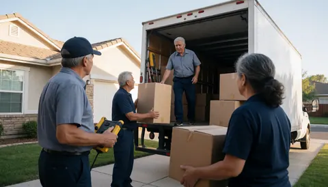 Professional movers in uniform loading boxes into a truck outside a house under a clear sky