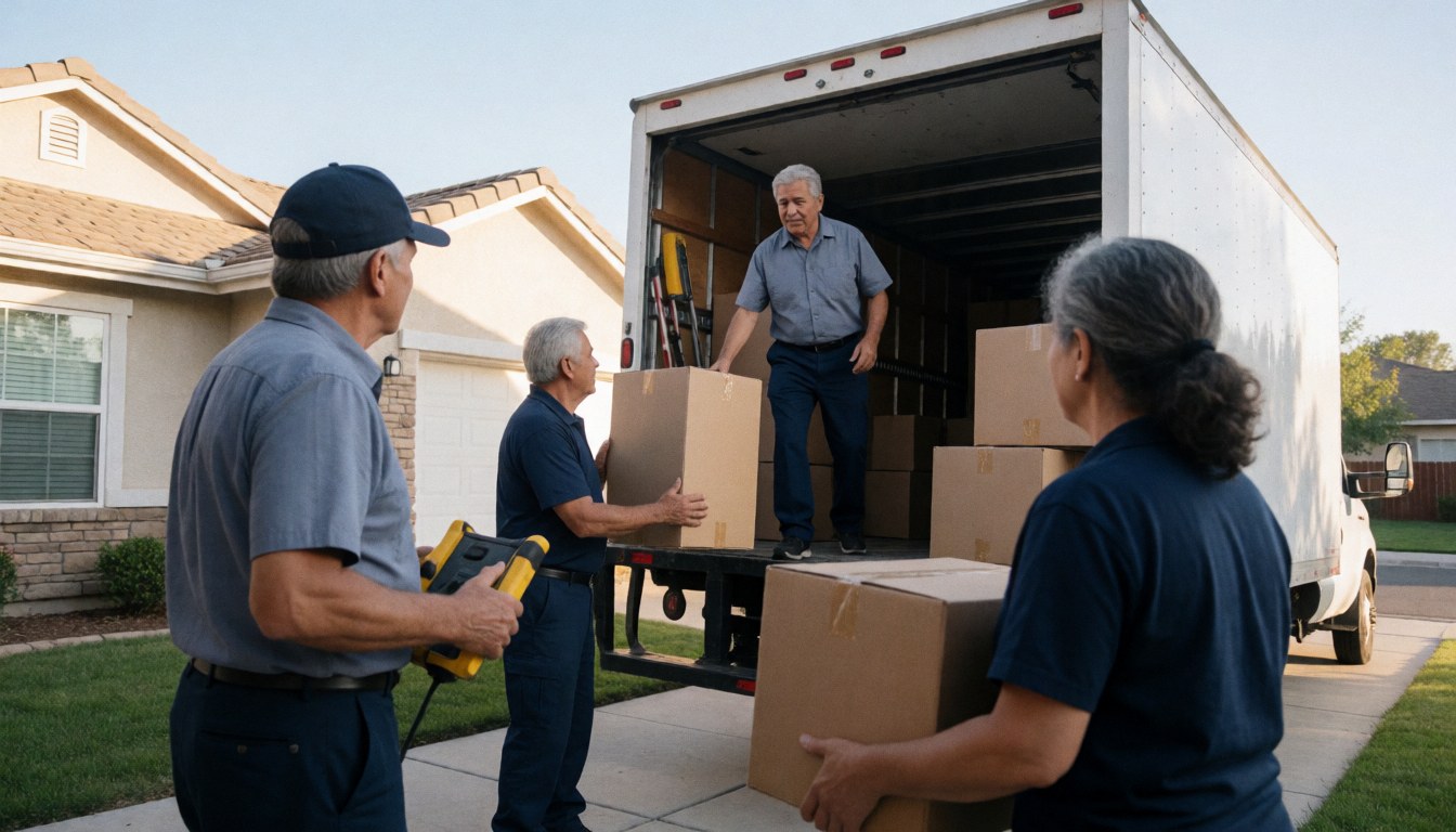 Professional movers in uniform loading boxes into a truck outside a house under a clear sky