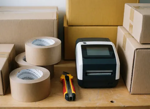 Kraft tape, label cutter, and printer on a wooden table with cardboard boxes for online store shipping.