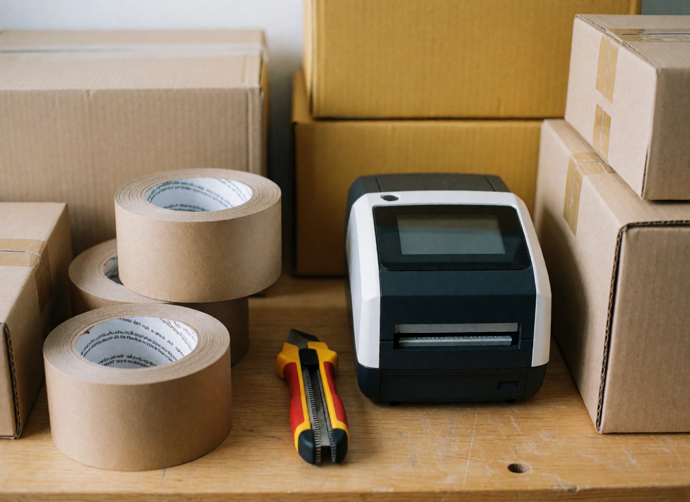 Kraft tape, label cutter, and printer on a wooden table with cardboard boxes for online store shipping.
