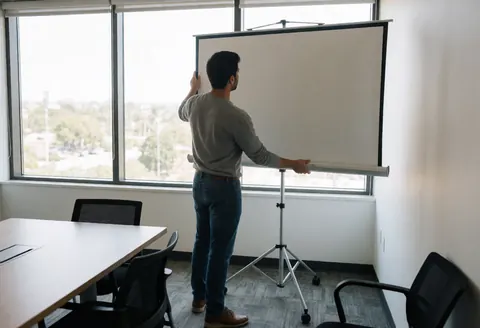 A young man adjusts a large presentation screen in a bright modern meeting room with a conference table and chairs.