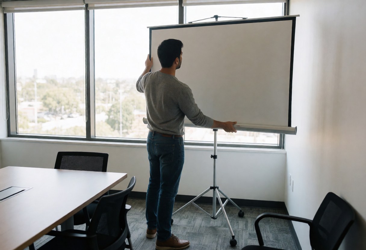 A young man adjusts a large presentation screen in a bright modern meeting room with a conference table and chairs.
