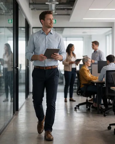 A businessman walks through a modern office hallway holding a tablet while colleagues work in the background.