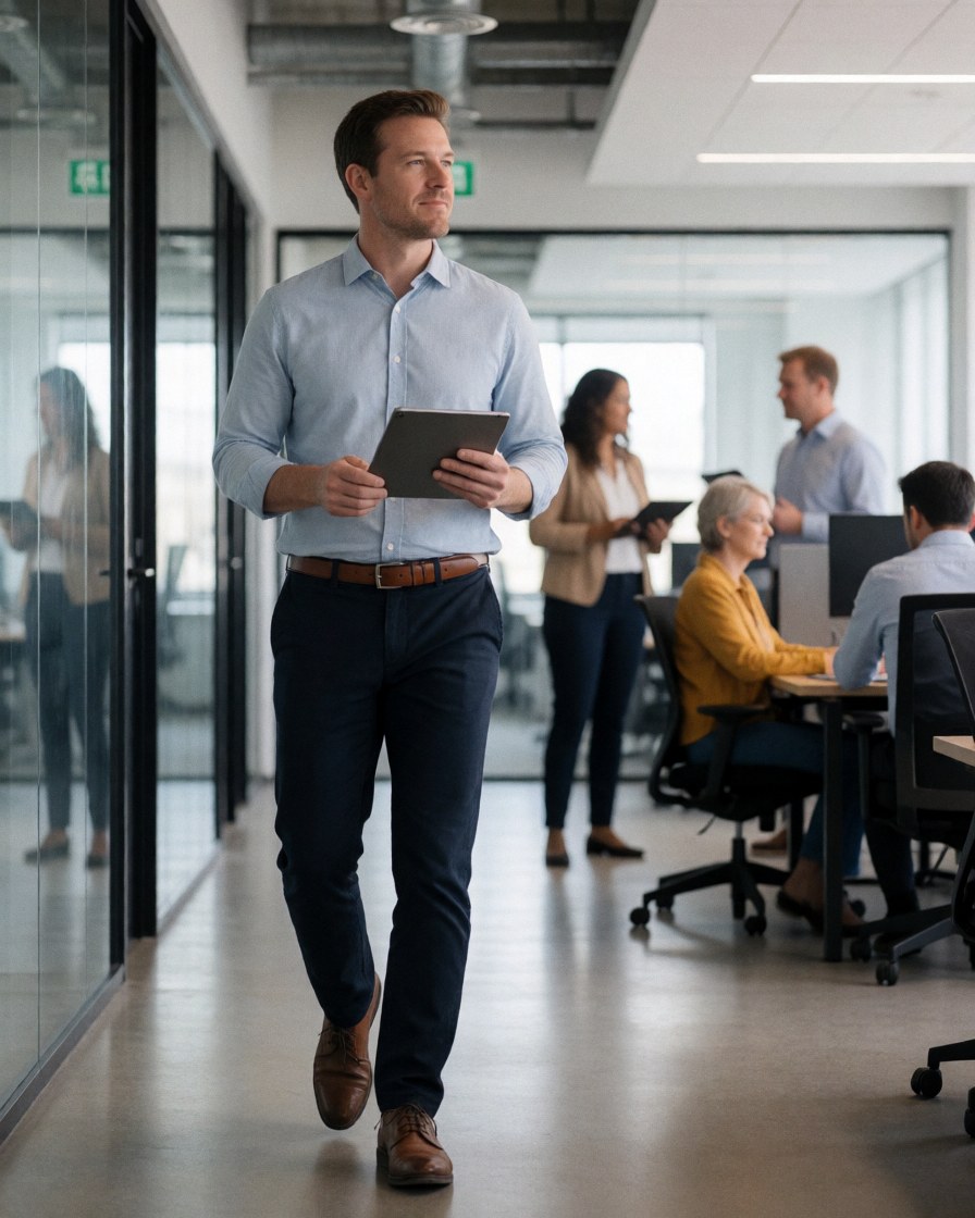 A businessman walks through a modern office hallway holding a tablet while colleagues work in the background.