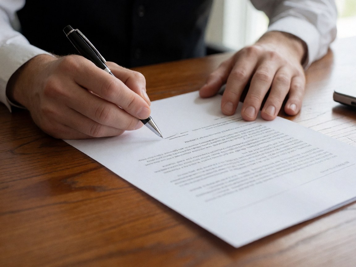 A man in professional attire signs a contract with a pen on a polished wooden desk with natural light