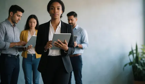 Young businesswoman in a suit walks through a modern office lobby with colleagues working in the background and copy space on the right