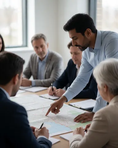 A group of real estate professionals gathered around a table reviewing a large map during a professional meeting with natural light