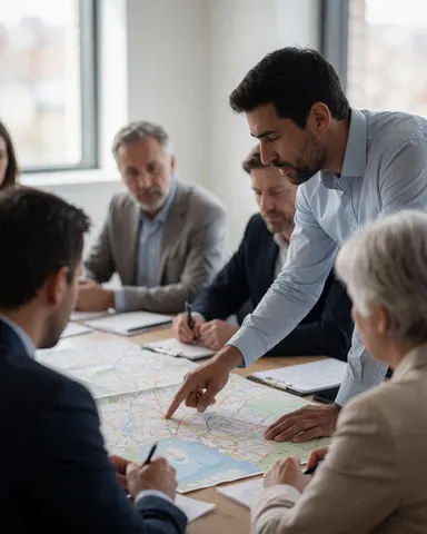A group of real estate professionals gathered around a table reviewing a large map during a professional meeting with natural light