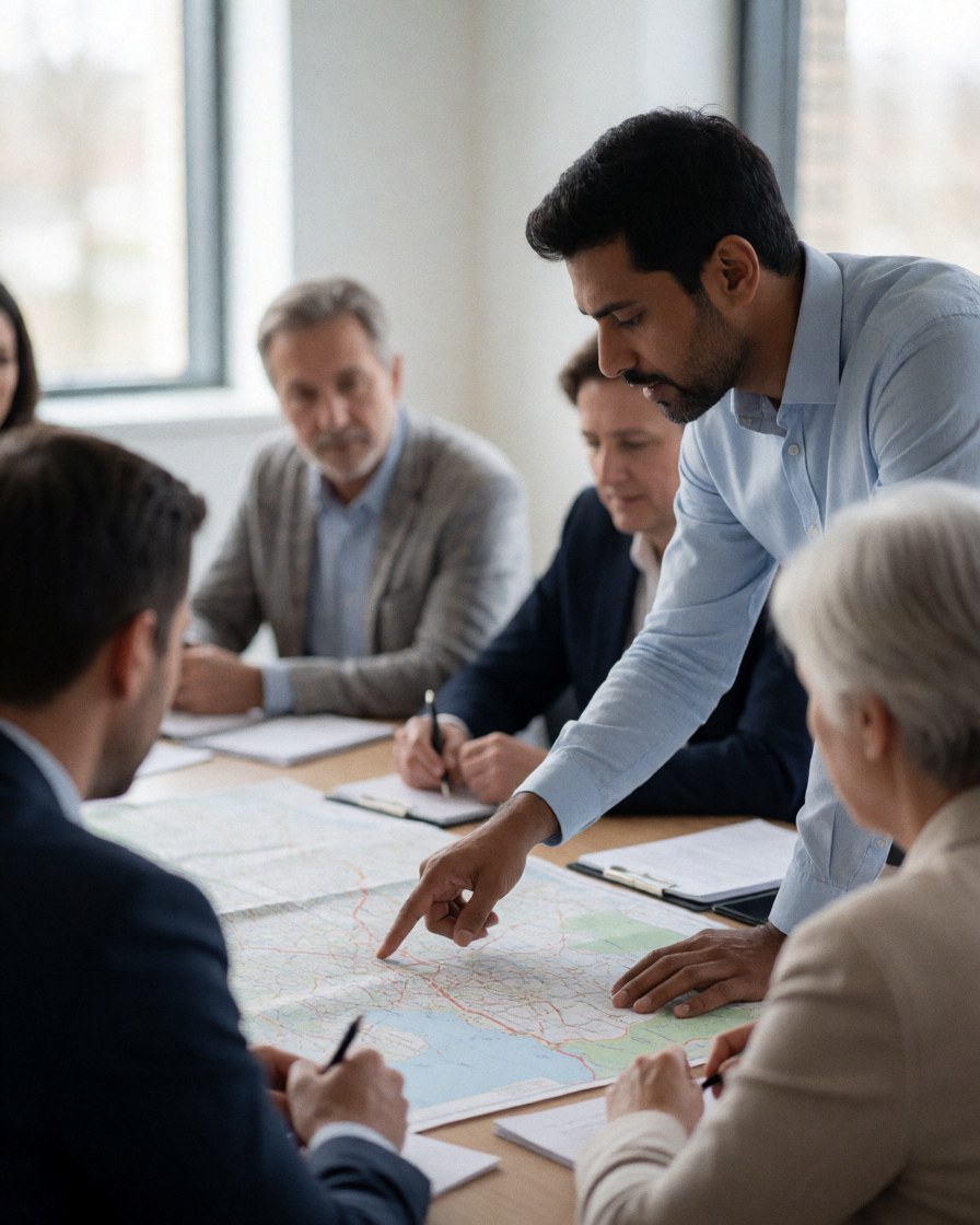 A group of real estate professionals gathered around a table reviewing a large map during a professional meeting with natural light