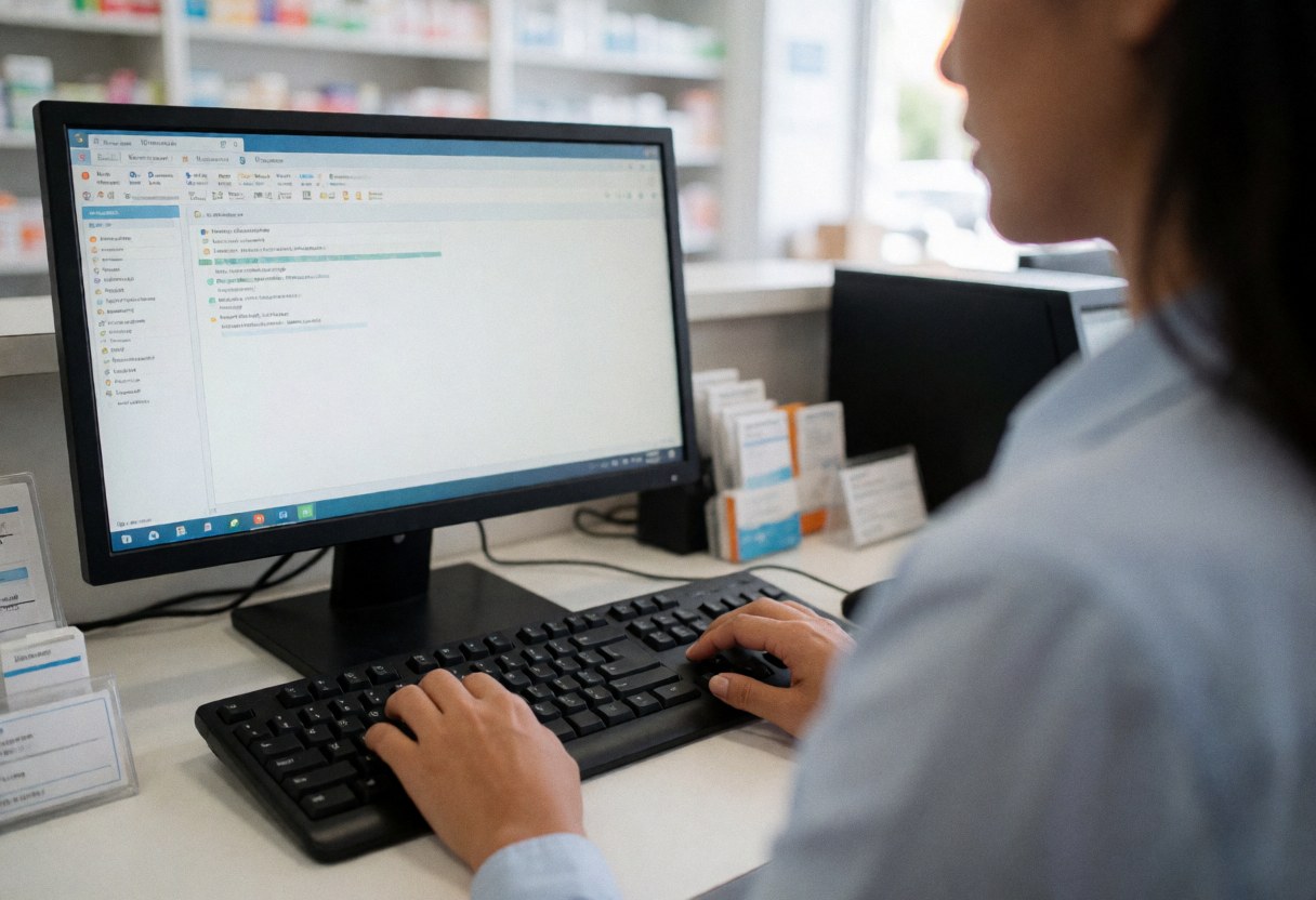 A young pharmacist works on a computer in a pharmacy with medicine shelves in the background and natural lighting.