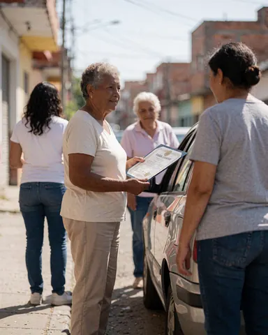 An older woman holds a certificate next to a car on a sunny street with people in the background