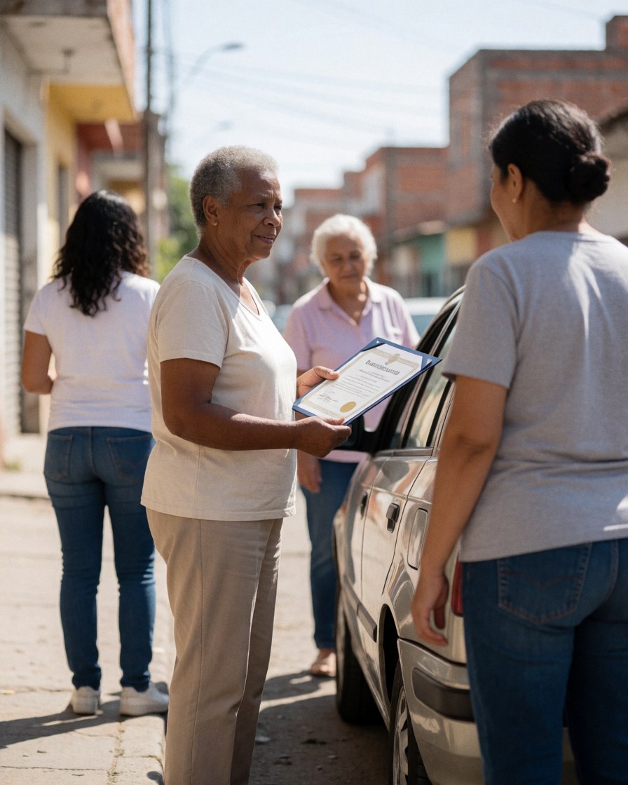 An older woman holds a certificate next to a car on a sunny street with people in the background