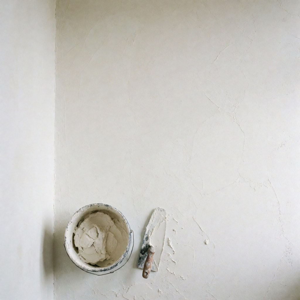 A newly plastered white wall with a paint bucket and roller, ideal for renovation or therapy office decor with soft natural lighting